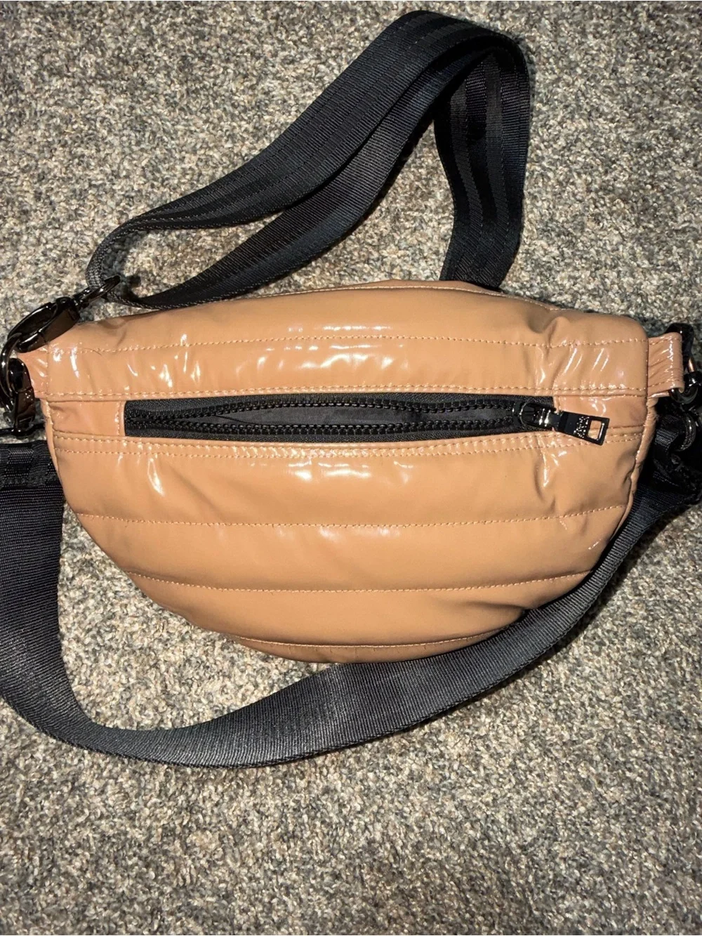 THINK ROYLN Quilted Tan Crossbody Belt Bag with Black Strap